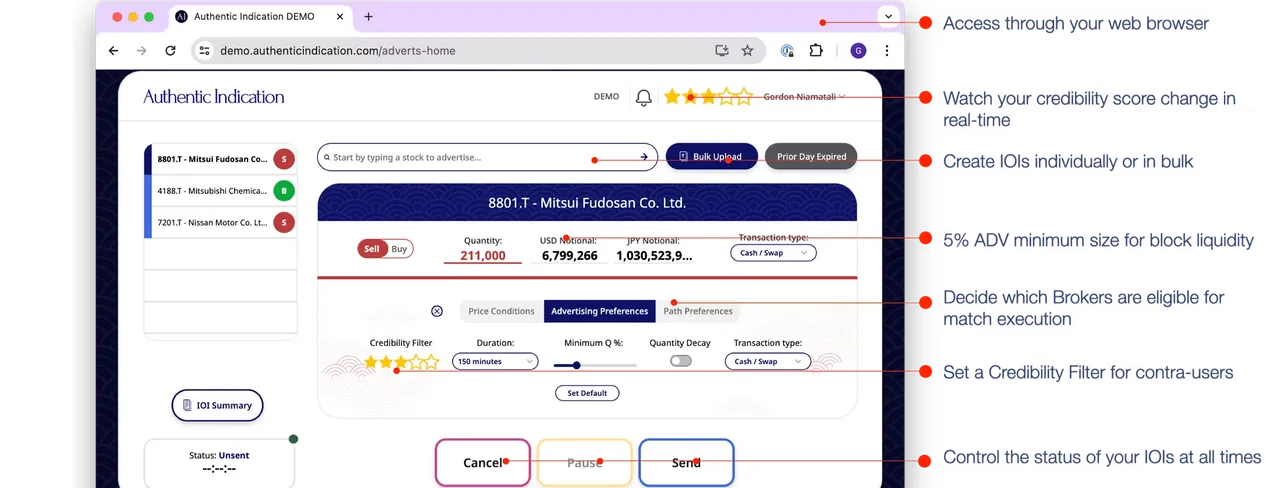 screenshot of Authentic Indication UI with pointers highlighting features