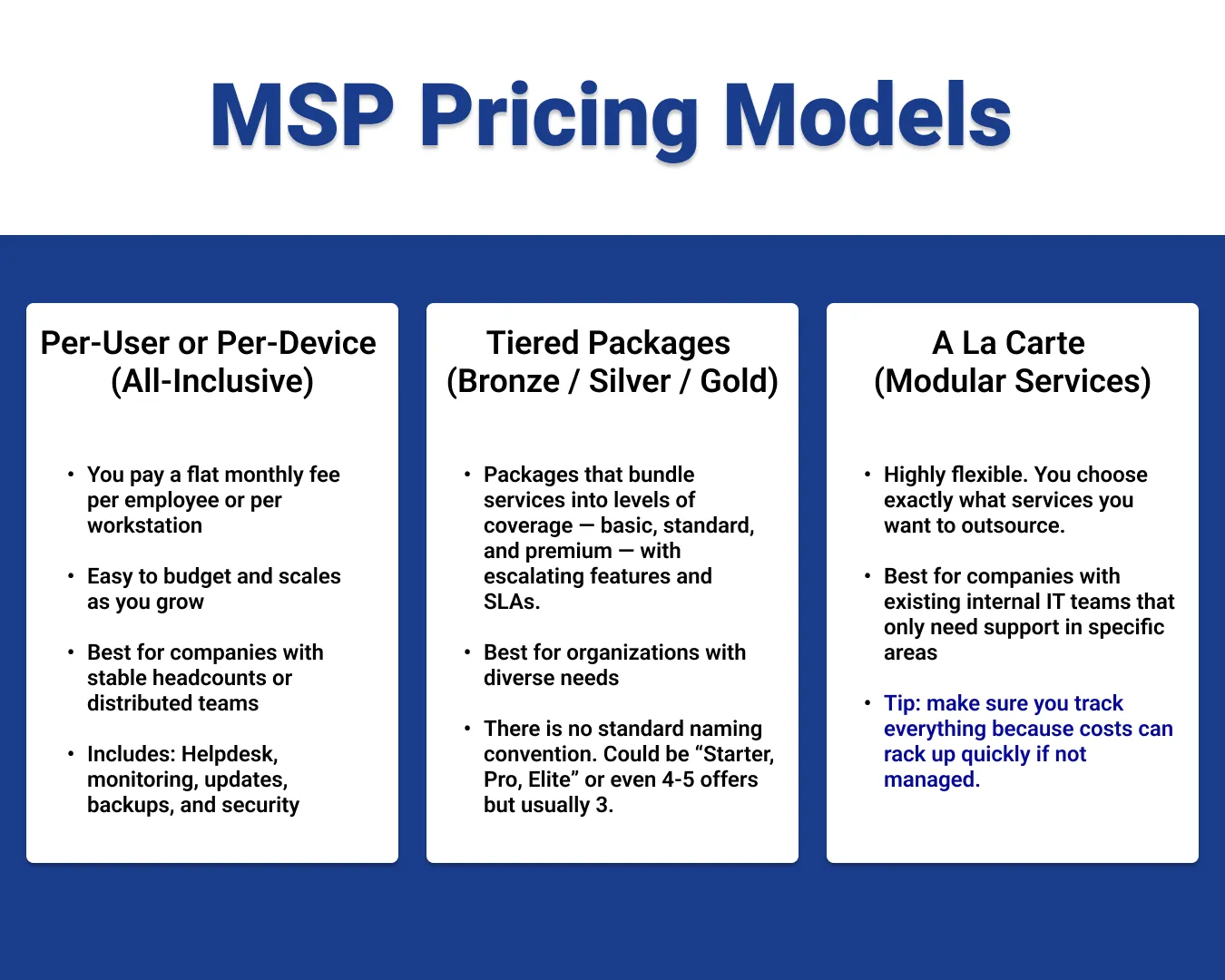 infographic showing the key points between each MSP pricing model.